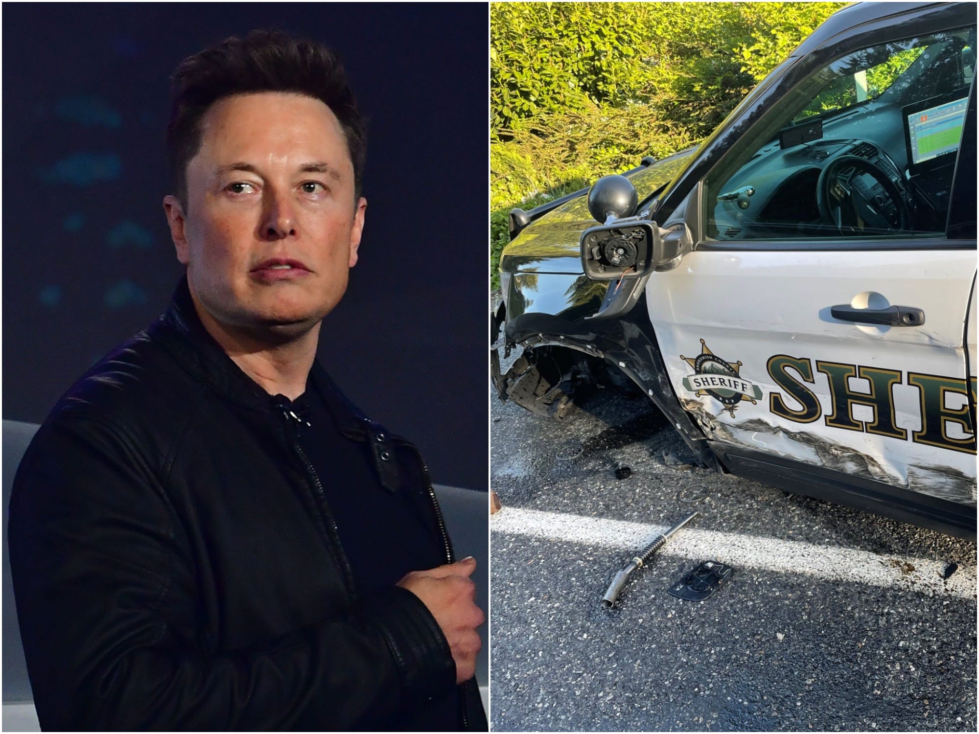 Tesla CEO Elon Musk next to a picture of the vehicle damaged by a Tesla on Autopilot