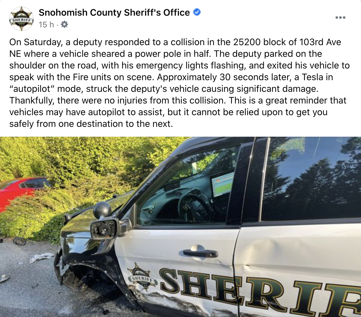 Screenshot of Snohomish County Sheriff's Office statement about the vehicle that was smashed into by the Tesla on Autopilot