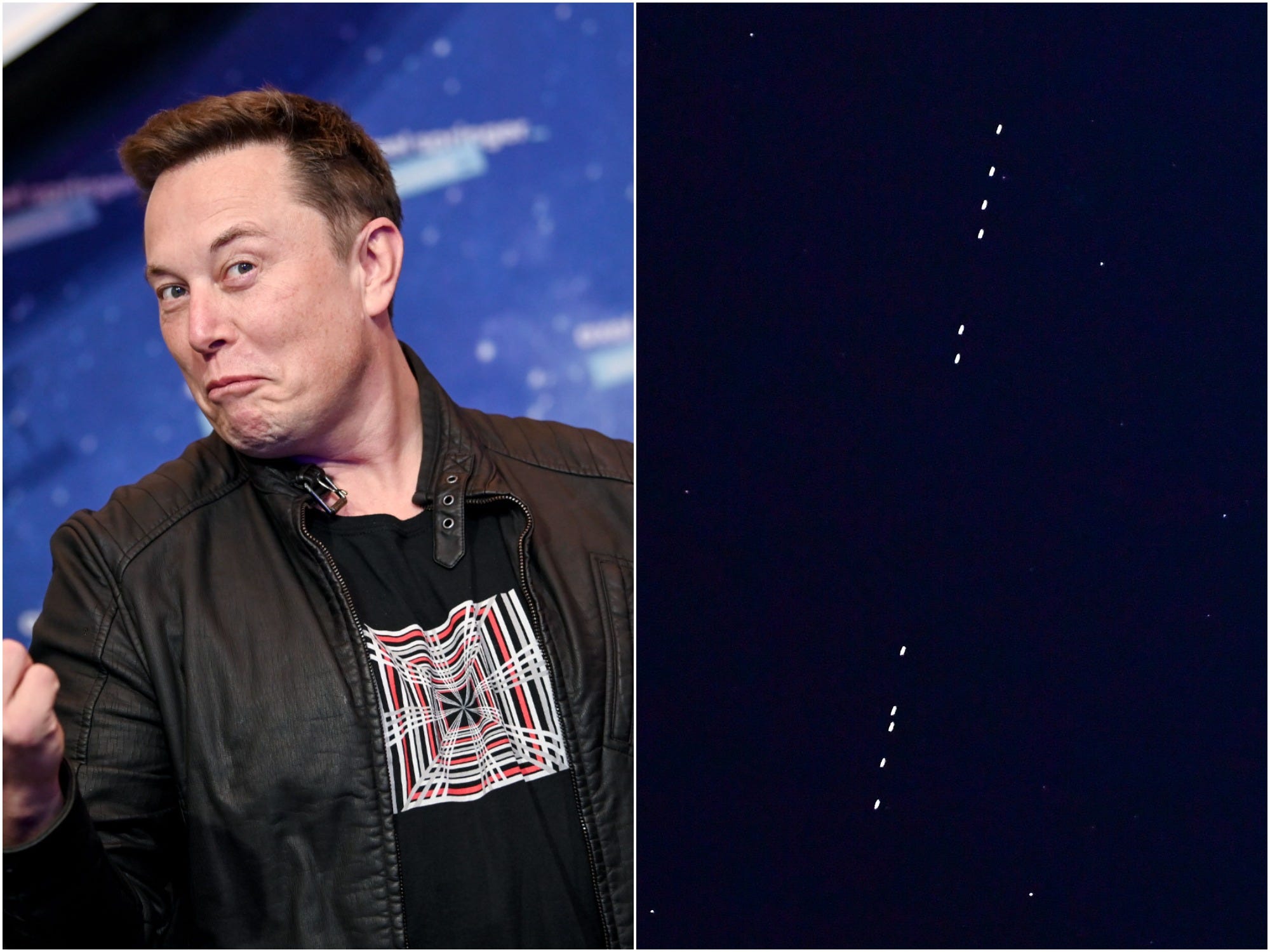 SpaceX CEO Elon Musk next to a picture of Starlink satellites in the night sky