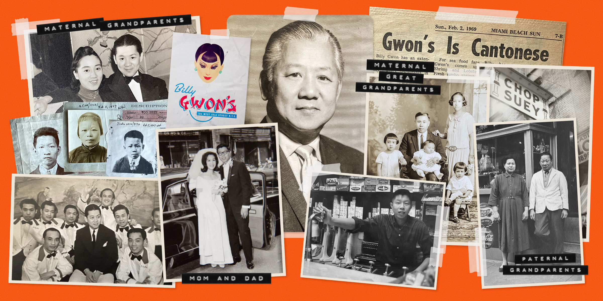 A collage of photos of multi-generational Asian-American family members of the author, Kara Chin