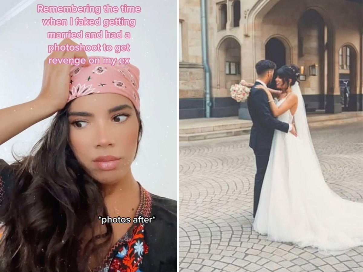 A side by side of Sarah Vilard's TikTok and a photo from her fake wedding