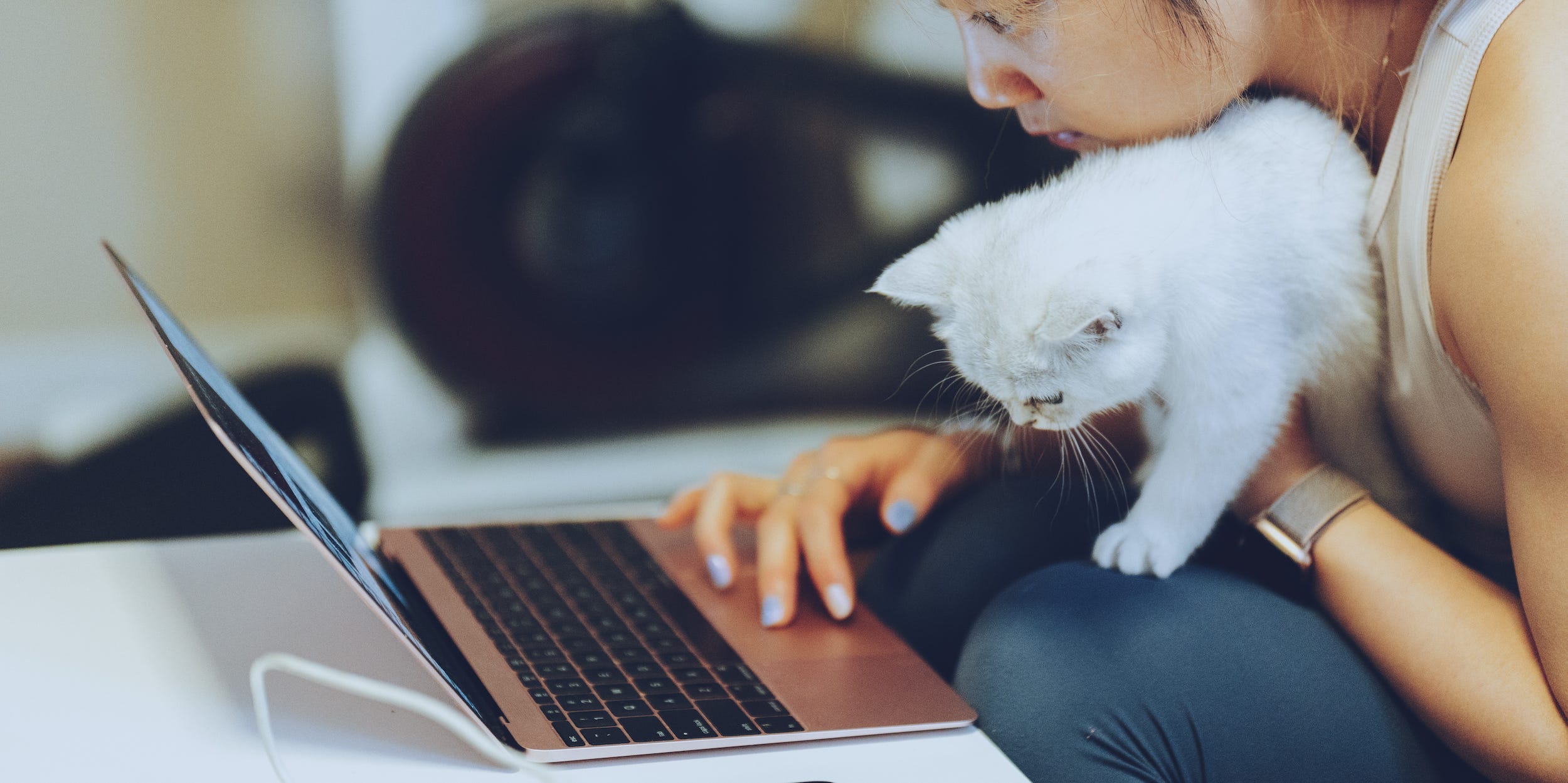 woman using laptop computer at home with cat