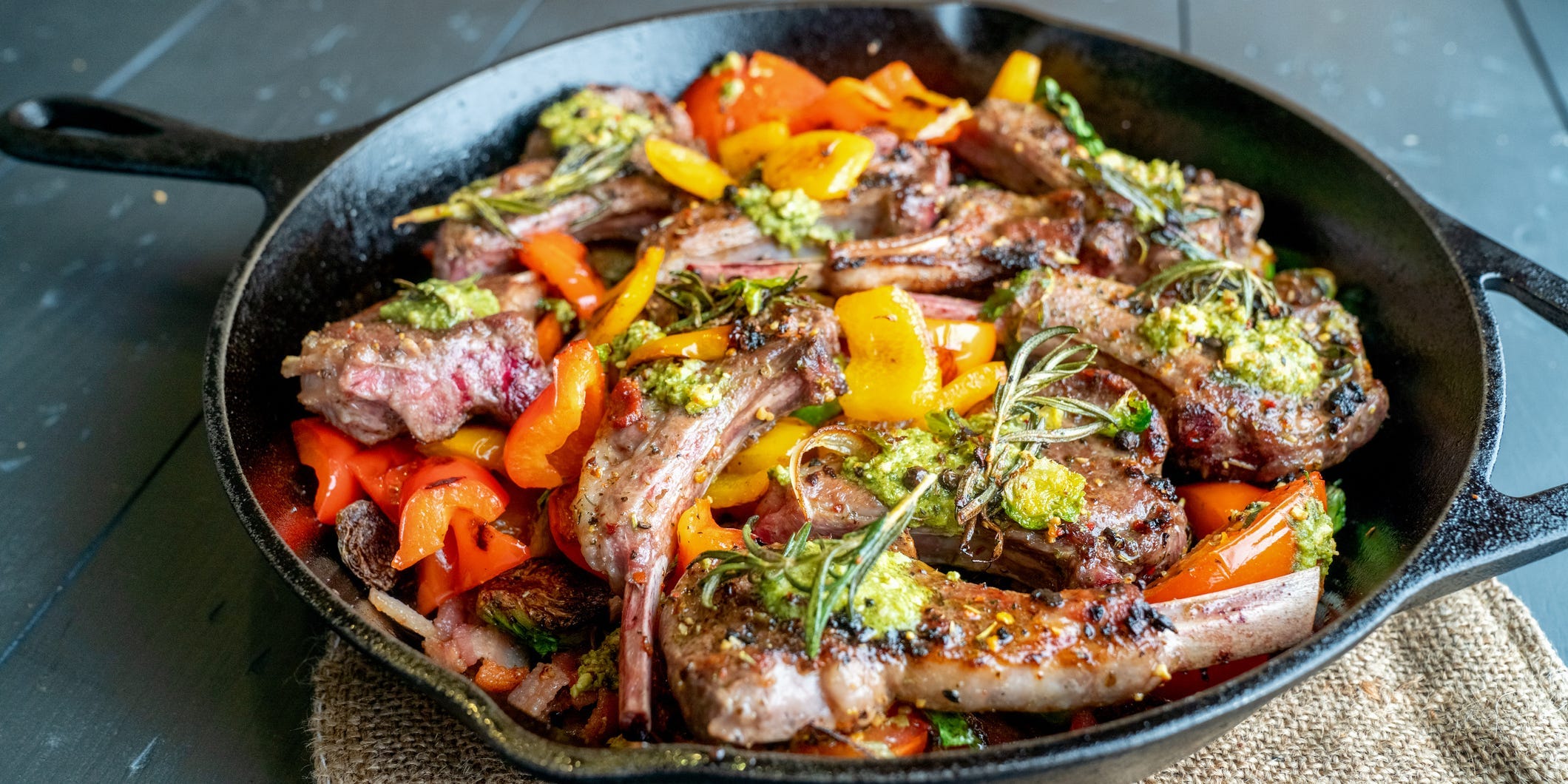 steak and vegetables in a skillet for dinner or lunch