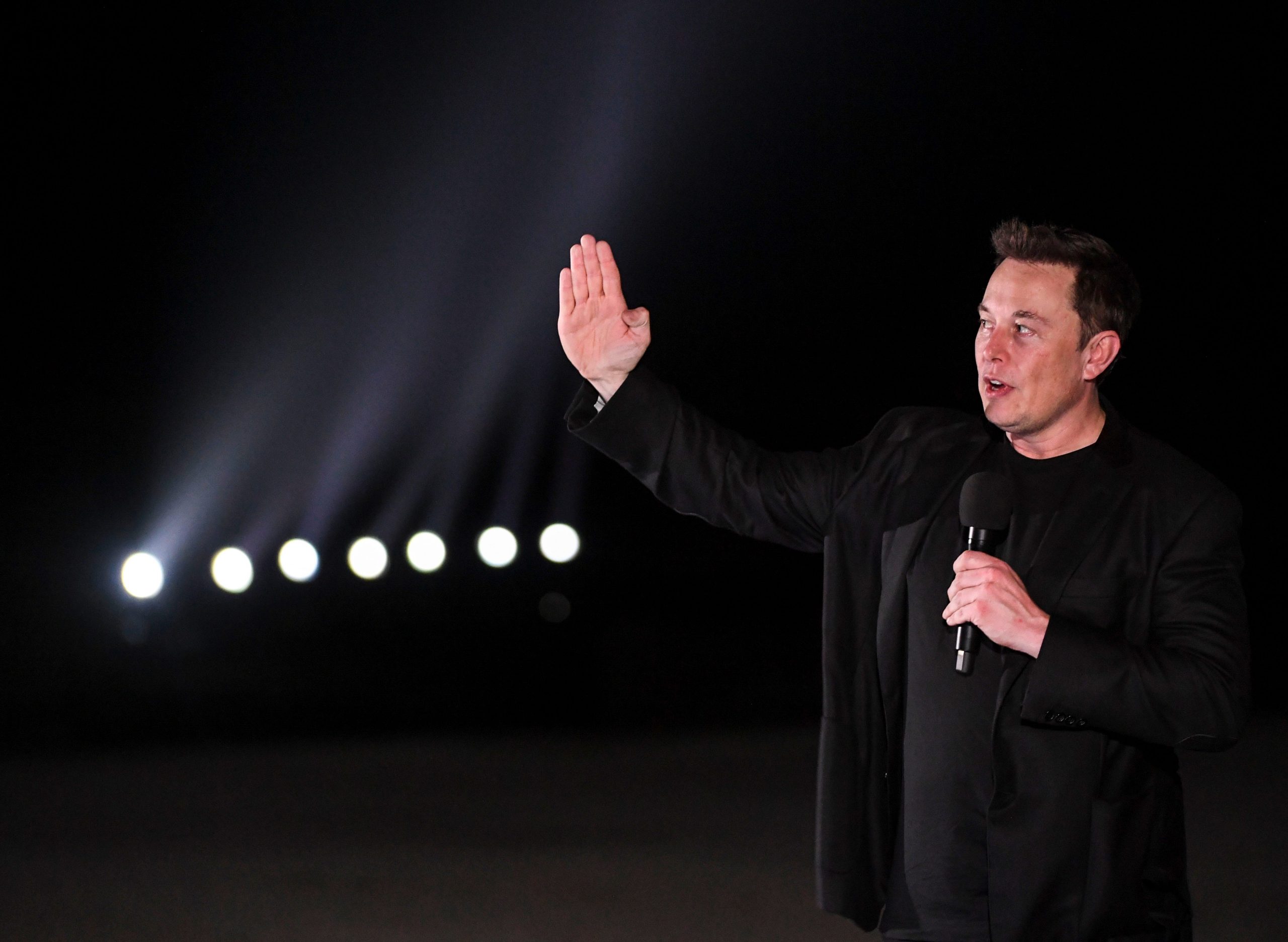 SpaceX CEO Elon Musk gives a presentation on his Starship rocket at their Boca Chica spaceport launch facility.
