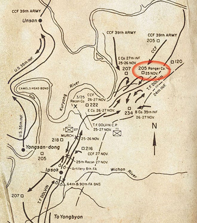 Map showing the location of Hill 205