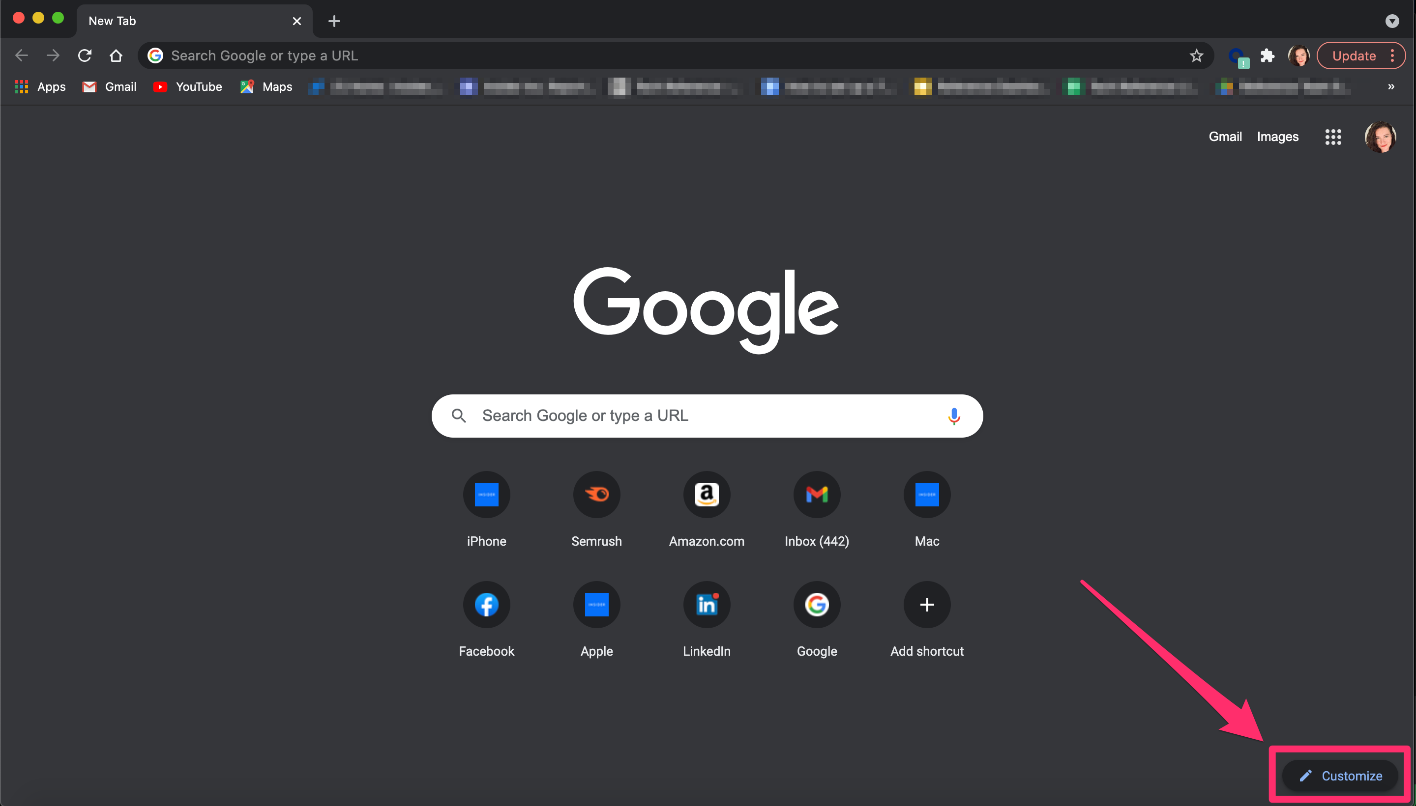 Google Chrome new tab customize button