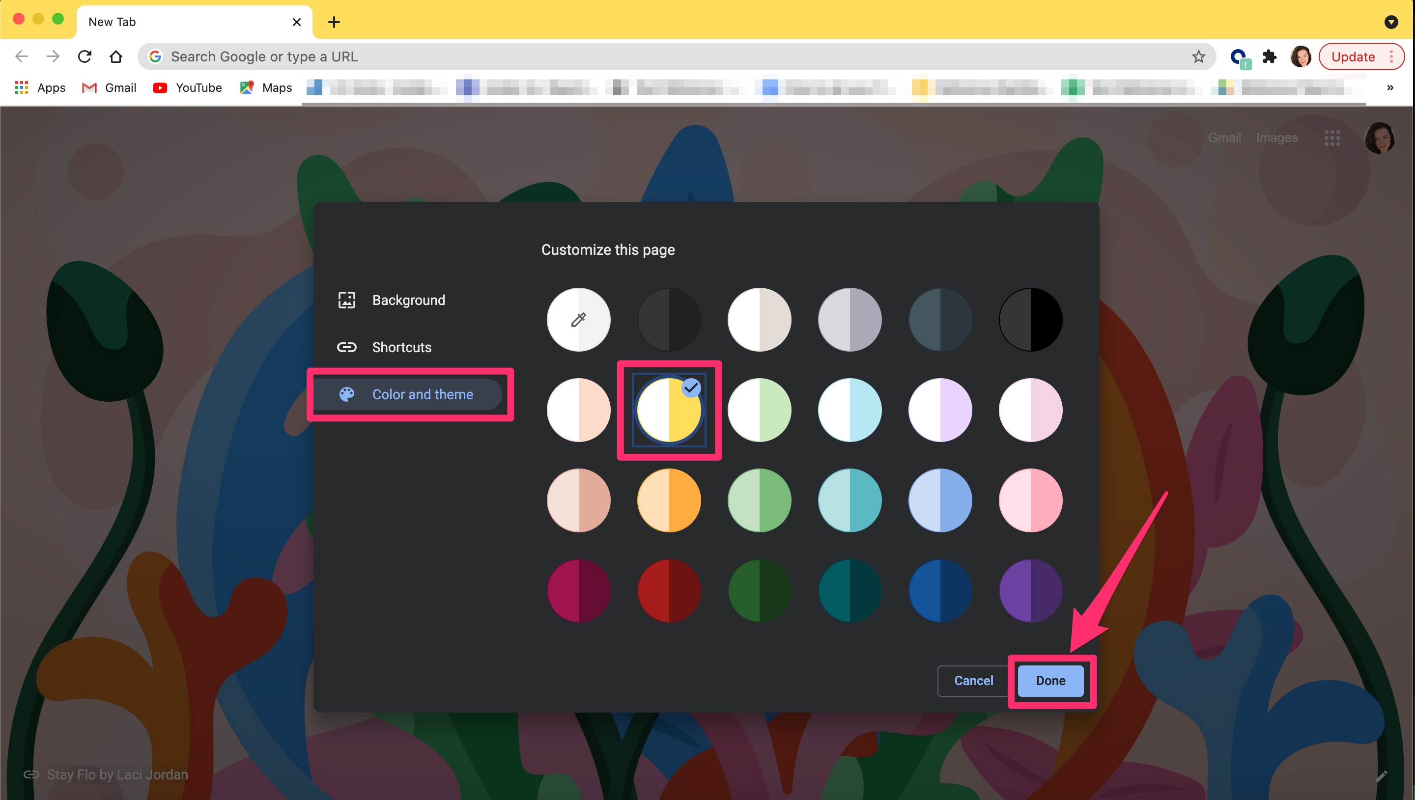 Google Chrome colors and themes pop-up
