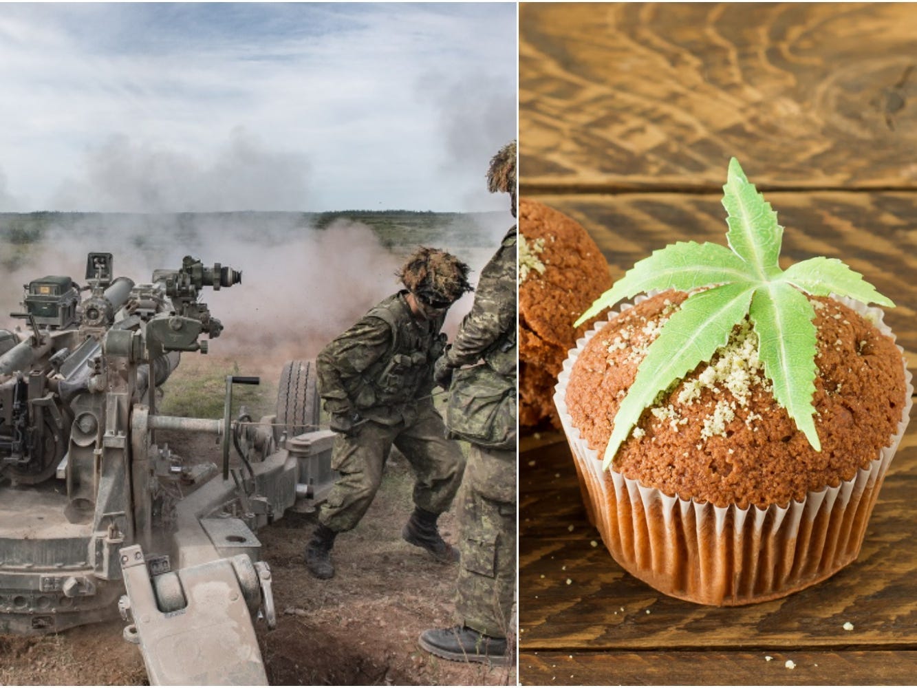 Canadian soldiers during live-fire training, left, and a cannabis cupcake, right.