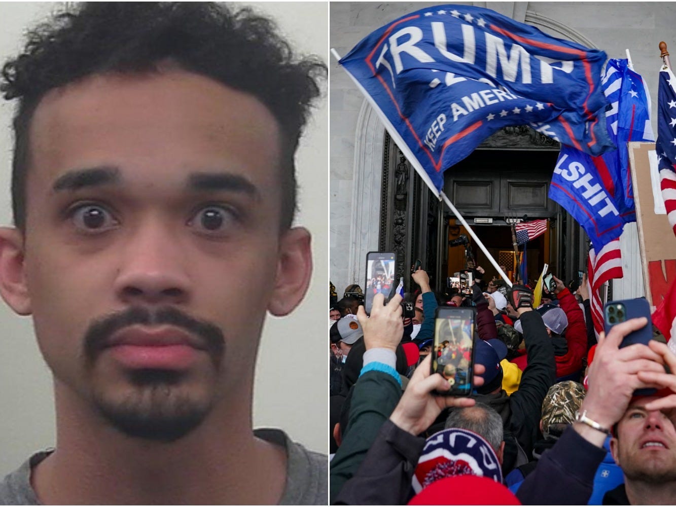 John Earle Sullivan, left. People record the Capitol riot on their phones, right.