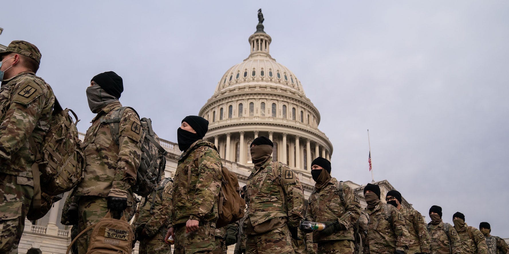 National Guard members outside the US Capitol building.