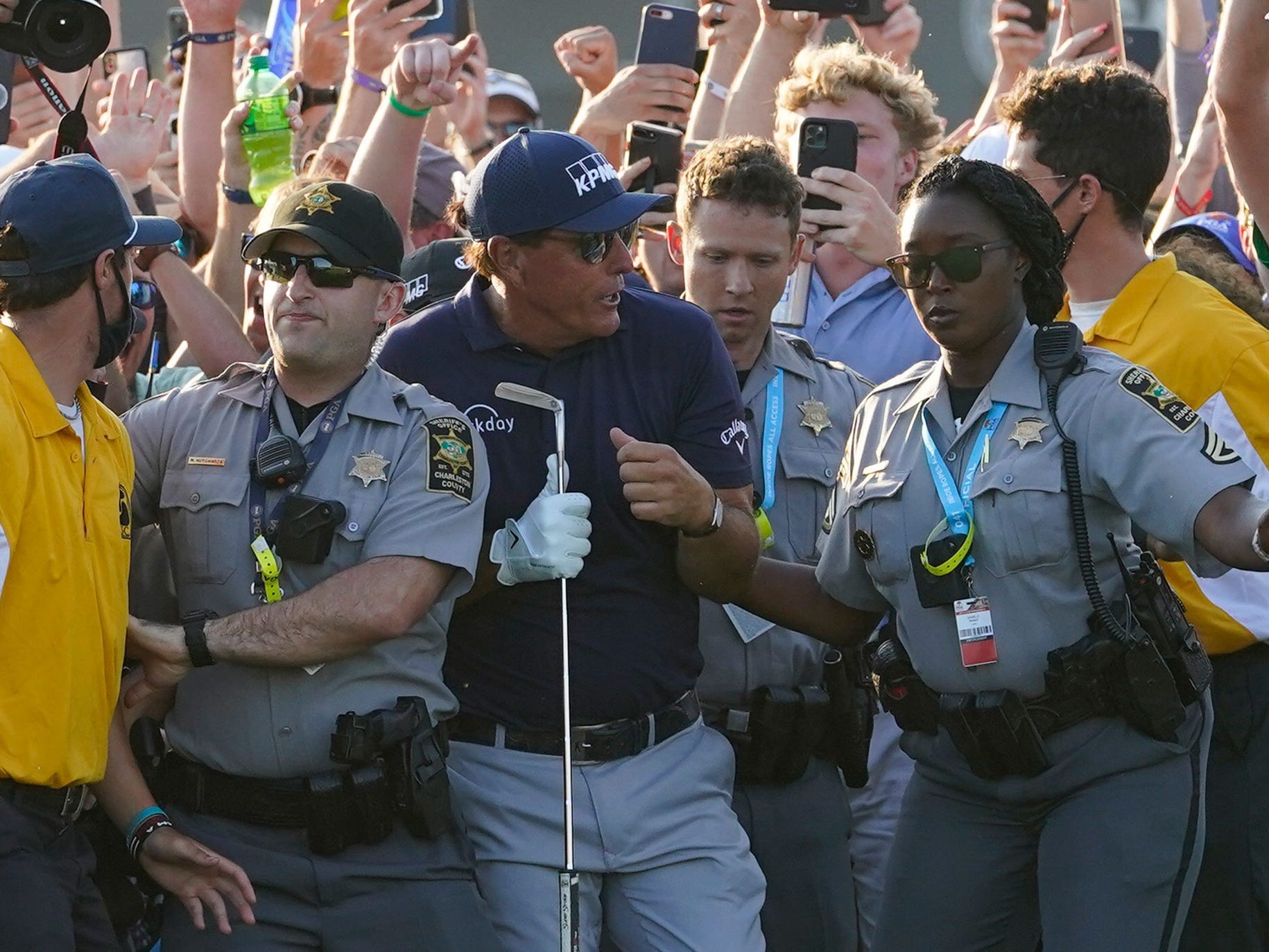 Phil Mickelson was mobbed by fans on the final hole at the PGA