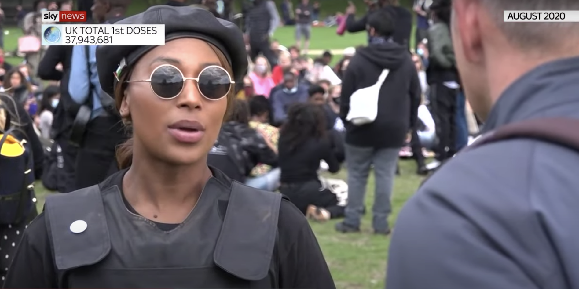 A screenshot from Sky News showing Sasha Johnson talking to a reporter at a Black Lives Matter protest.