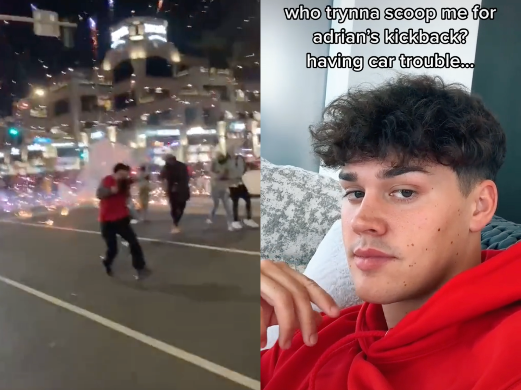 adrian's kickback fireworks on street and noah beck talking about getting a ride