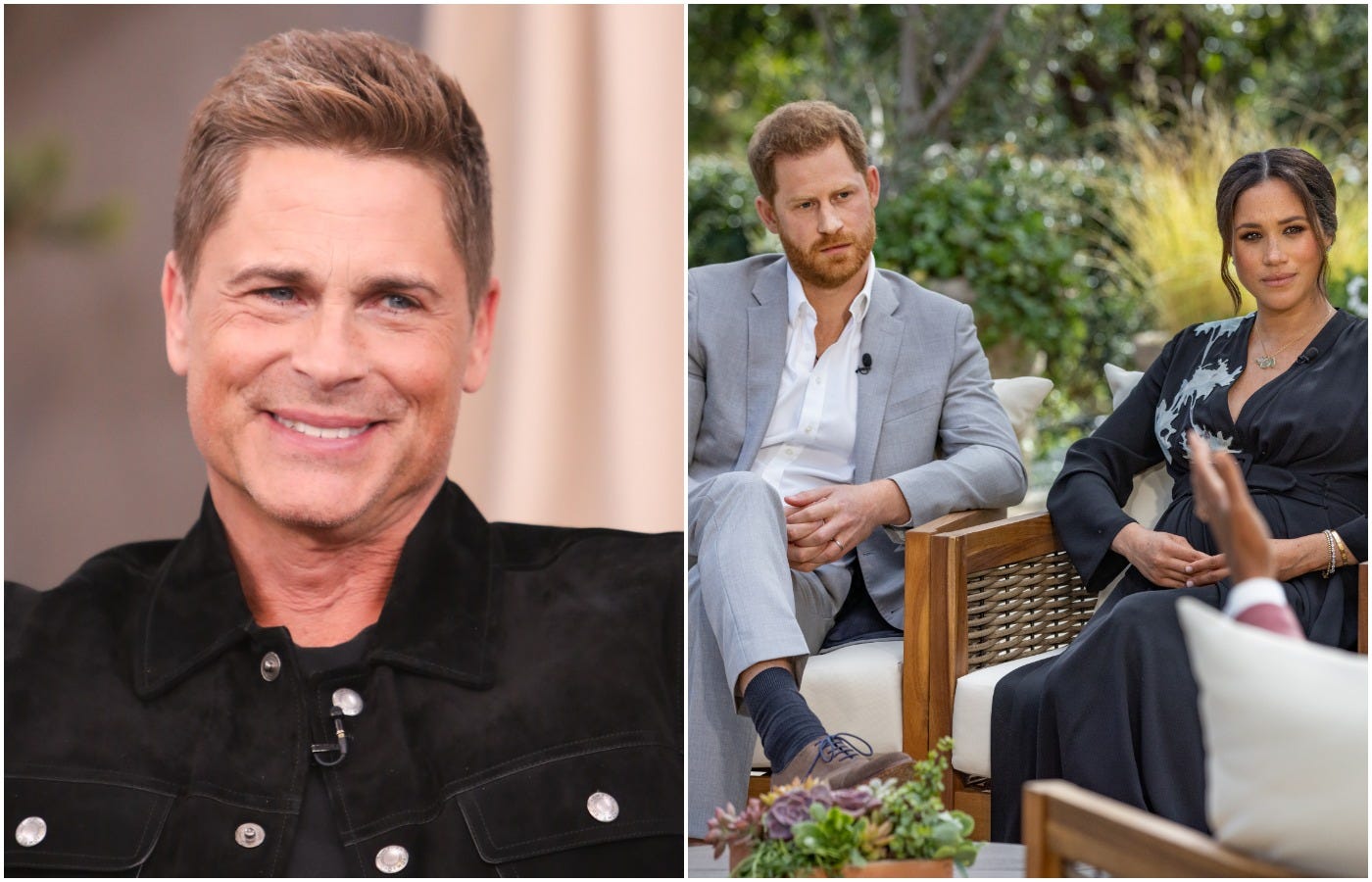 Rob Lowe at Universal Studios/ Meghan Markle and Prince Harry during a CBS sit-down interview with Oprah Winfrey.