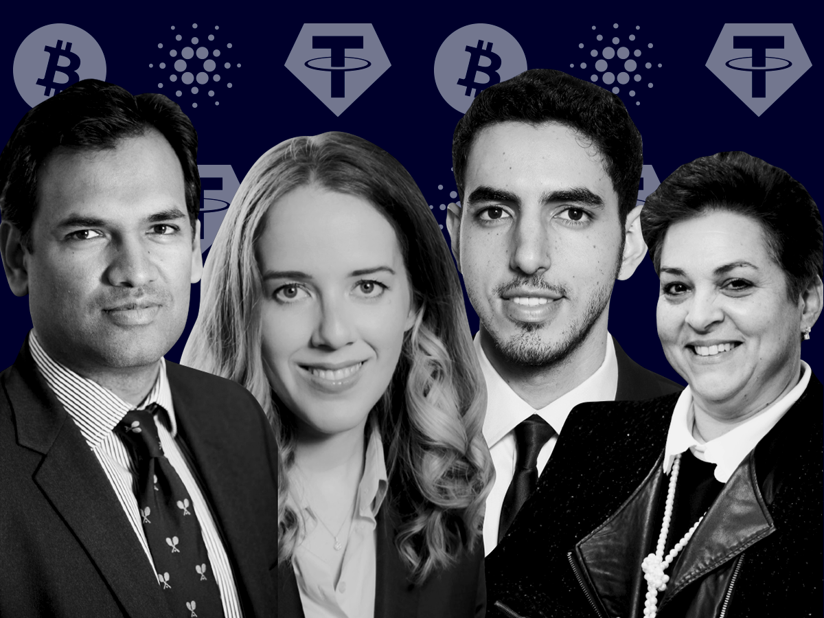 Ronit Ghose, Marion Laboure, Yassine Elmandjra, and Lisa Shalett on a blue background with crypto currency logos of Bitcoin, Tether, and Cardano behind them.