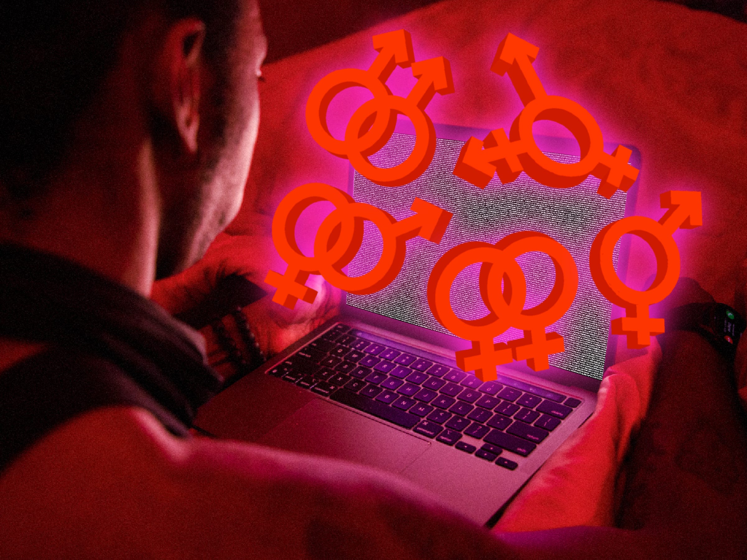 A man looking into a laptop in the dark with different sexual orientation icons coming out of the screen.