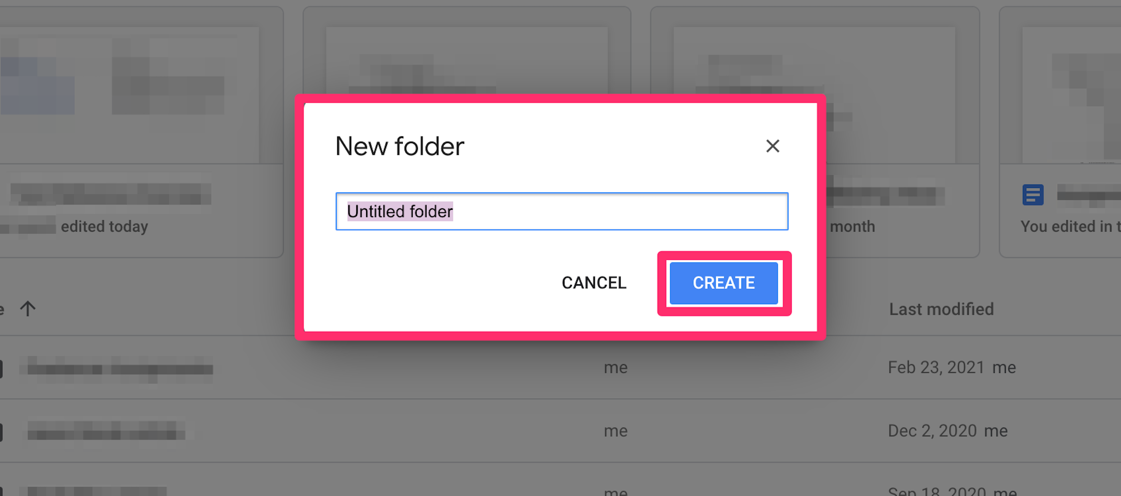 Google Drive create new folder pop-up