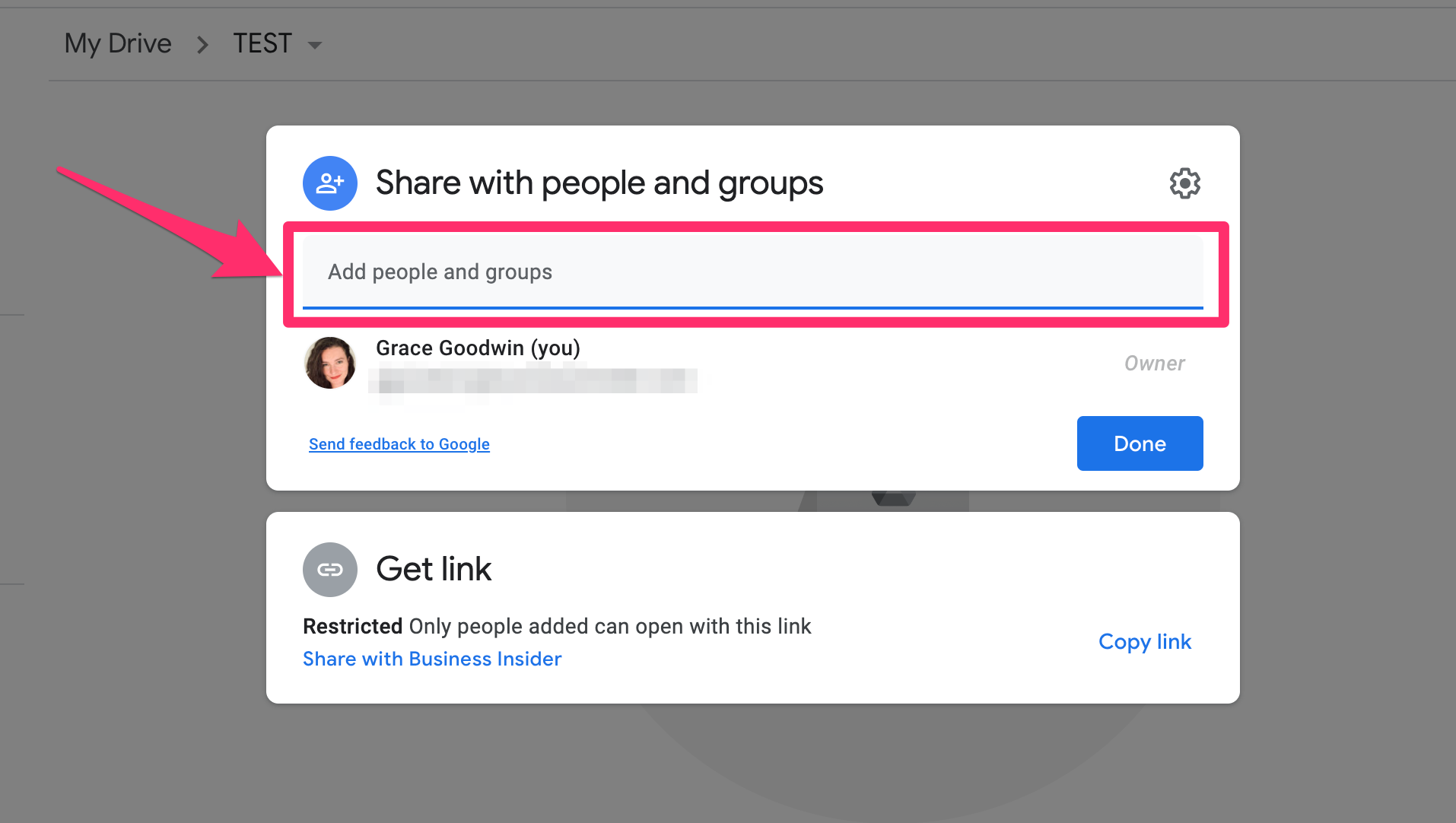 Google Docs Share pop-up