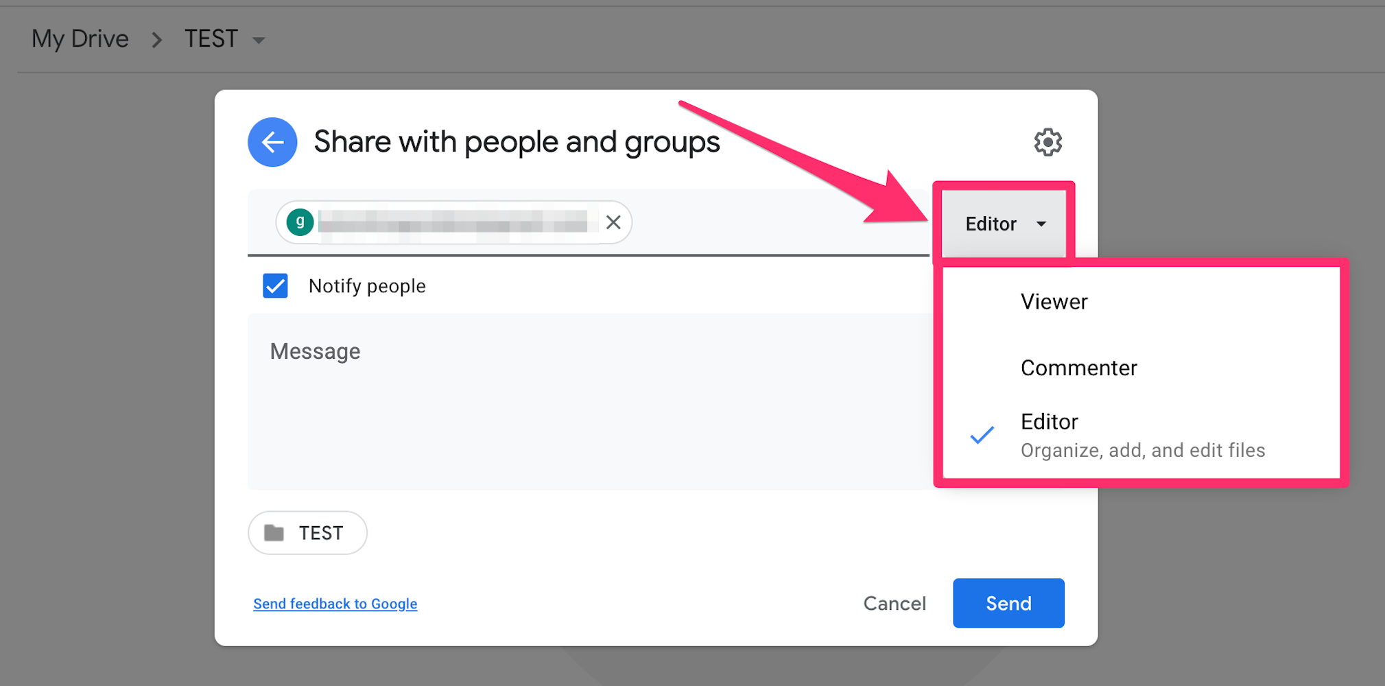 Google folder sharing permissions selection drop-down