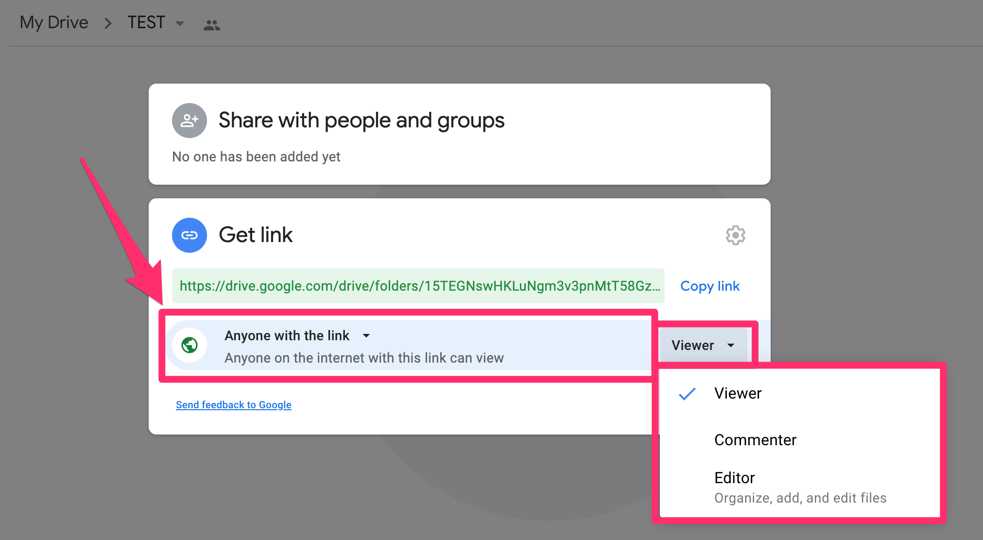 Google folder editing permissions get link