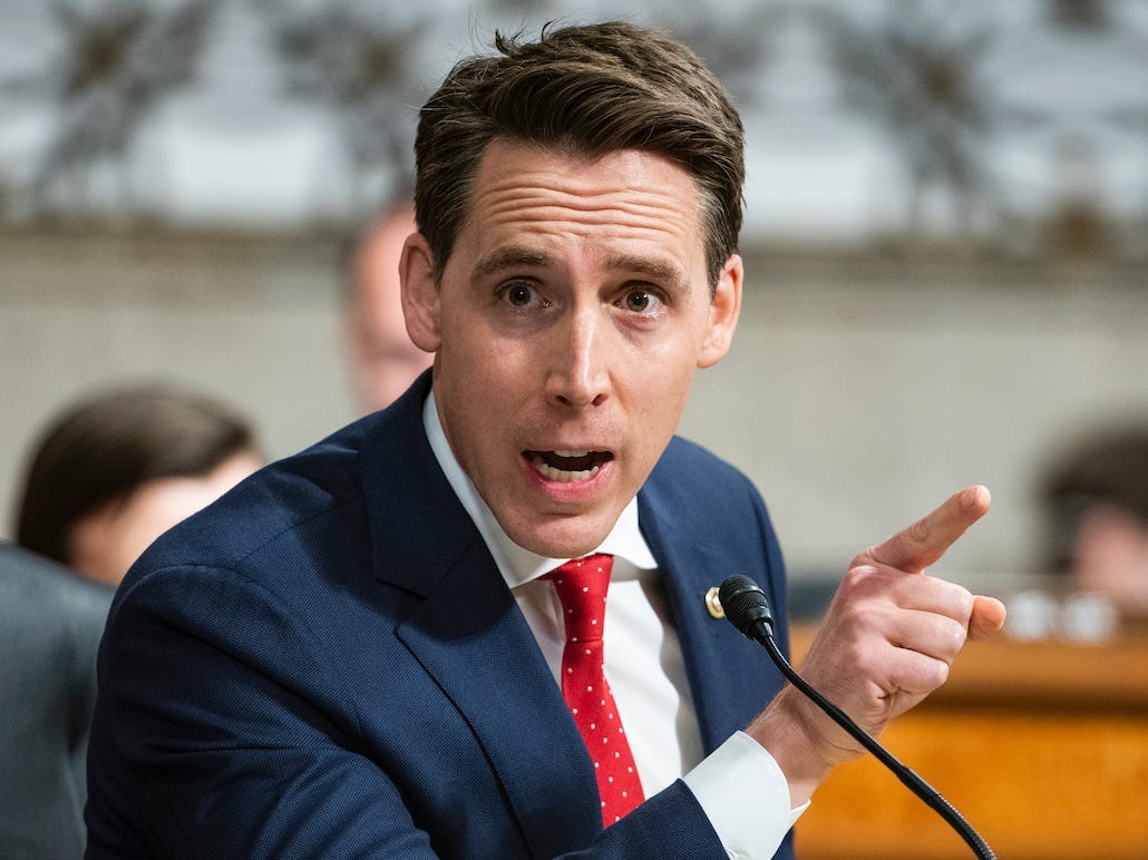 Sen. Josh Hawley (R-MO) questions former Deputy Attorney General Rod Rosenstein at hearing of the Judiciary Committee on Capitol Hill on June 03, 2020