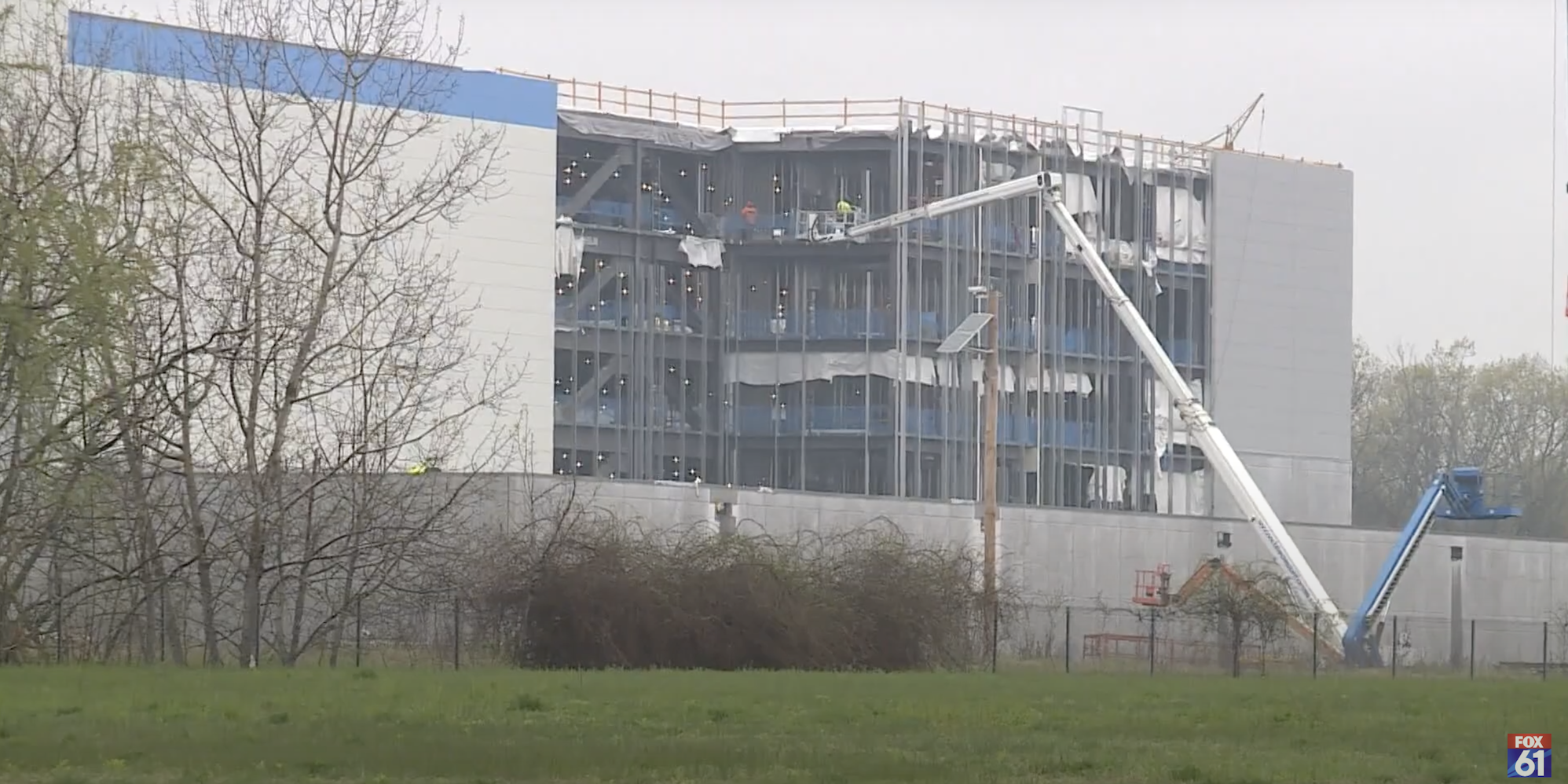 A crane in front of the facility under construction on Kennedy Road, Windsor, Connecticut