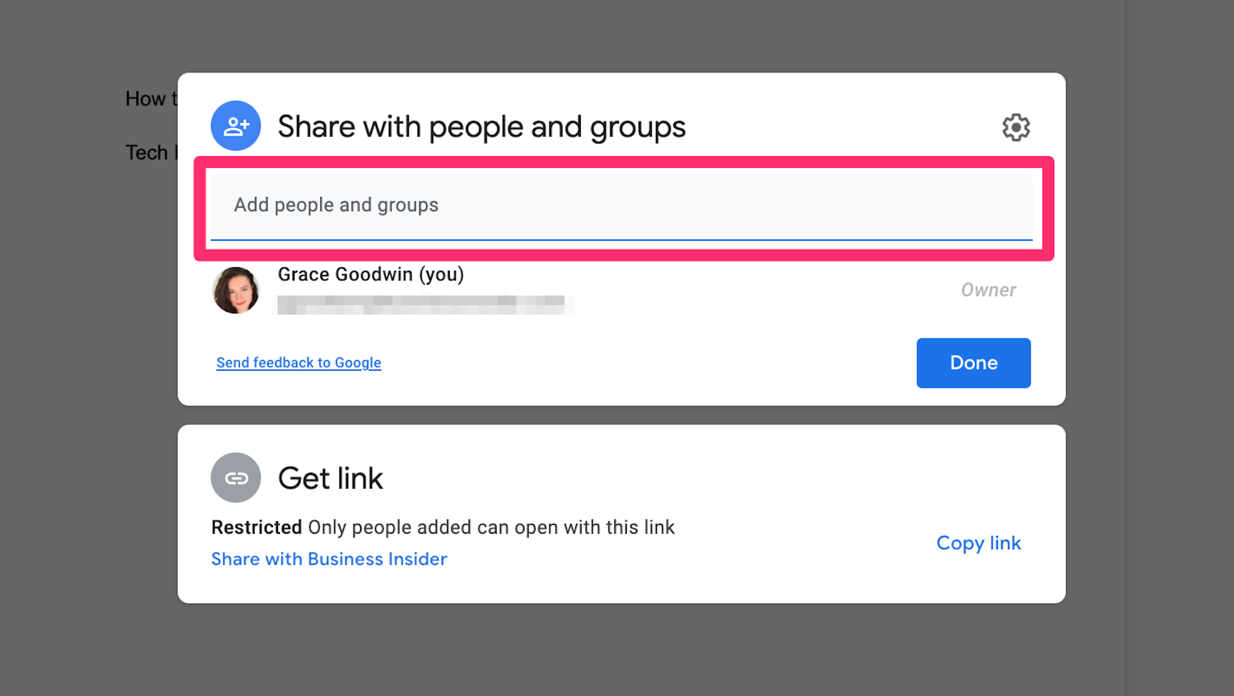 Google Doc sharing pop-up