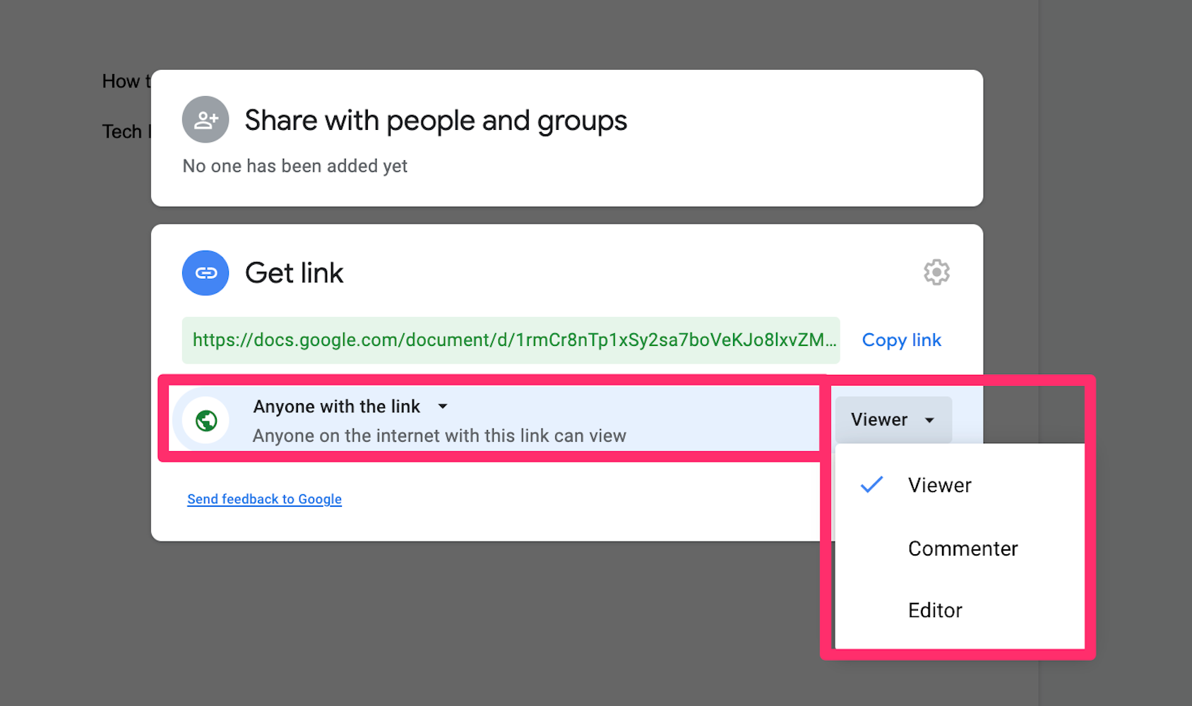 Google Doc sharing  pop-up get link section