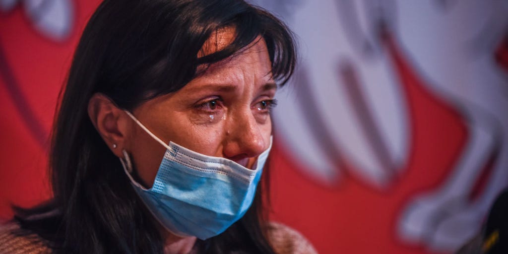The mother of detained Belarusian journalist Roman Protasevich, Natalia Protasevich attends a press conference at the Belarusian House Foundation on May 27, 2021 in Warsaw, Poland.