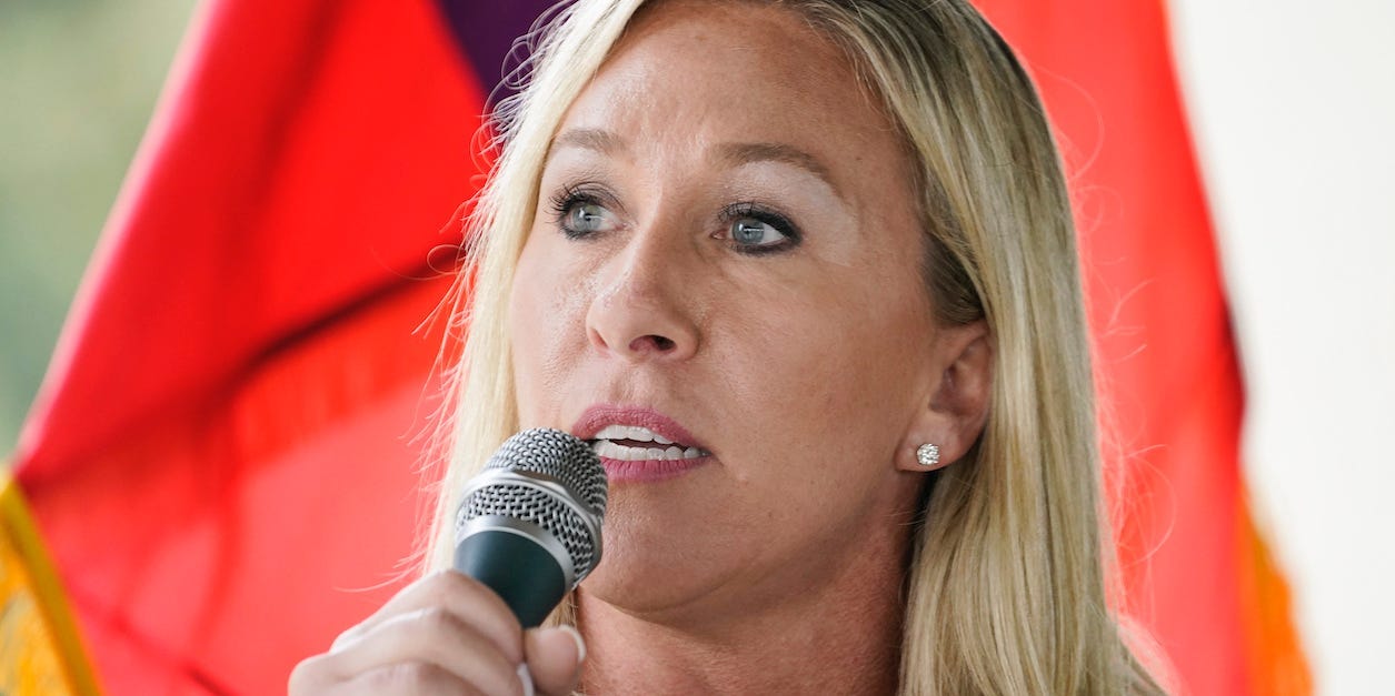 Marjorie Taylor Greene speaks during a news conference