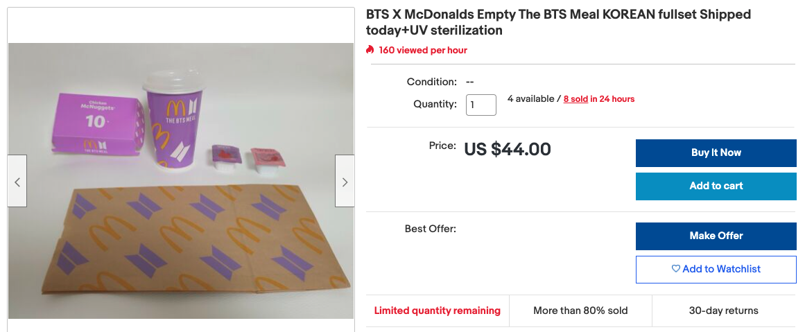 bts mcdonald's meal full set listing on ebay for $44