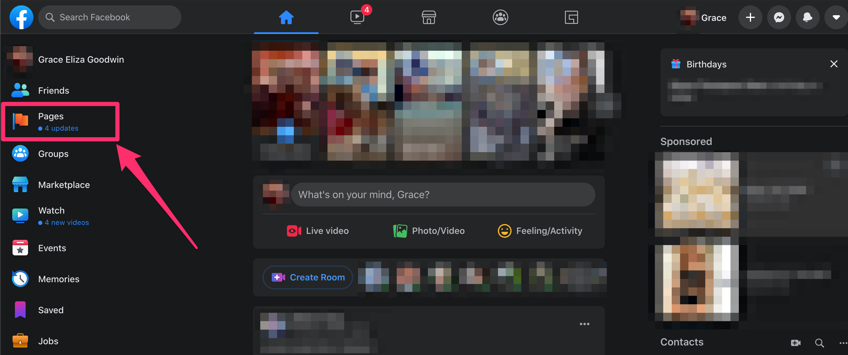 Facebook homepage, sidebar menu