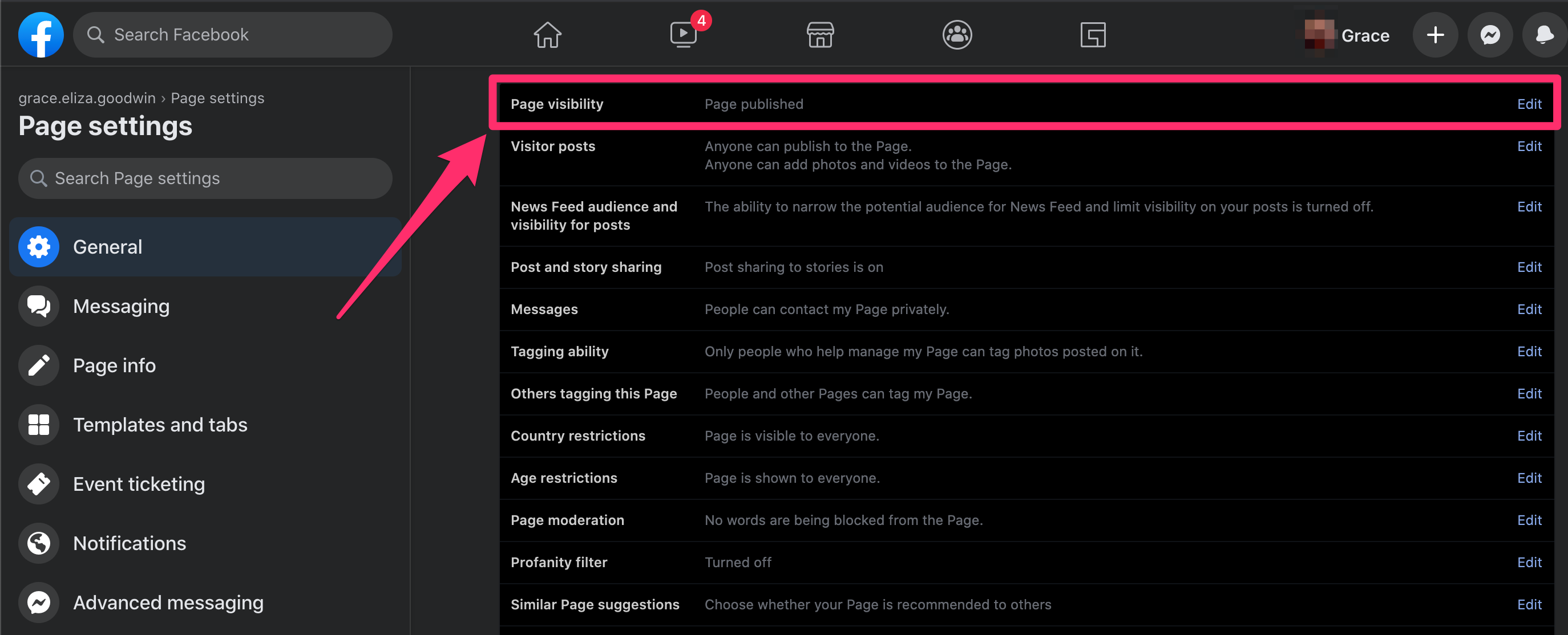 General page settings menu