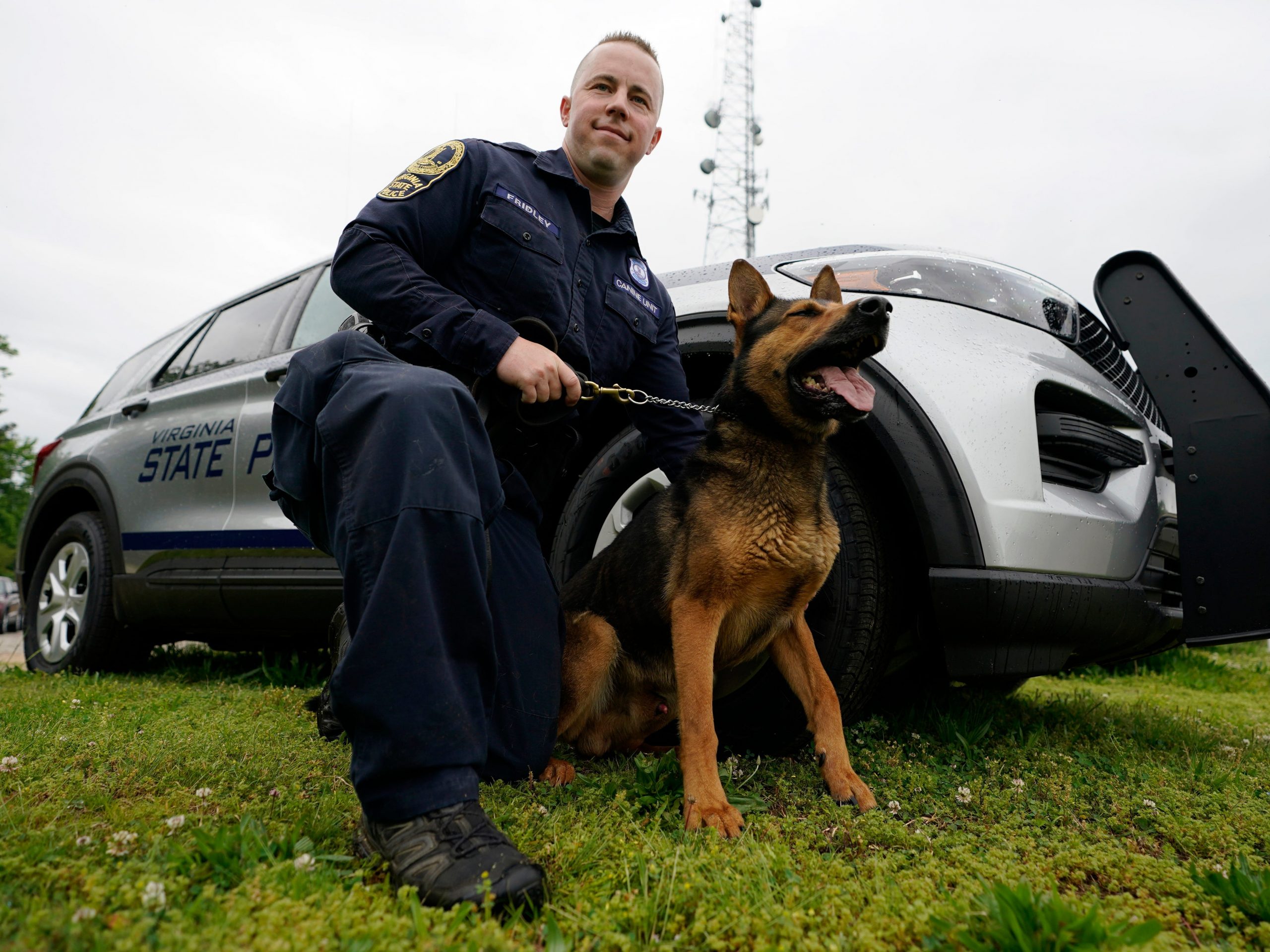 A police officer kneels in front of a cruiser and poses with a police dog.