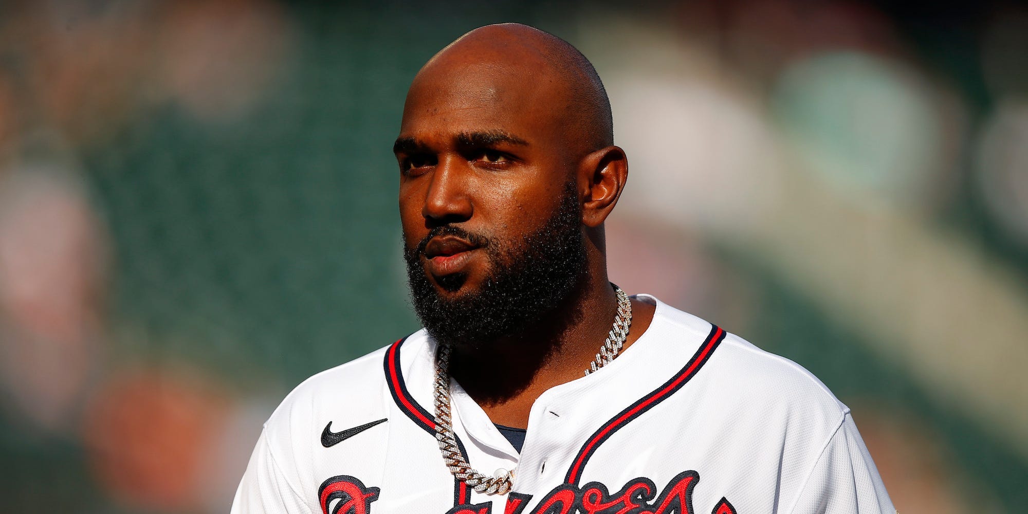 Marcell Ozuna #20 of the Atlanta Braves looks on in the fifth inning of game 2 of a double header against the Arizona Diamondbacks at Truist Park on April 25, 2021 in Atlanta, Georgia.