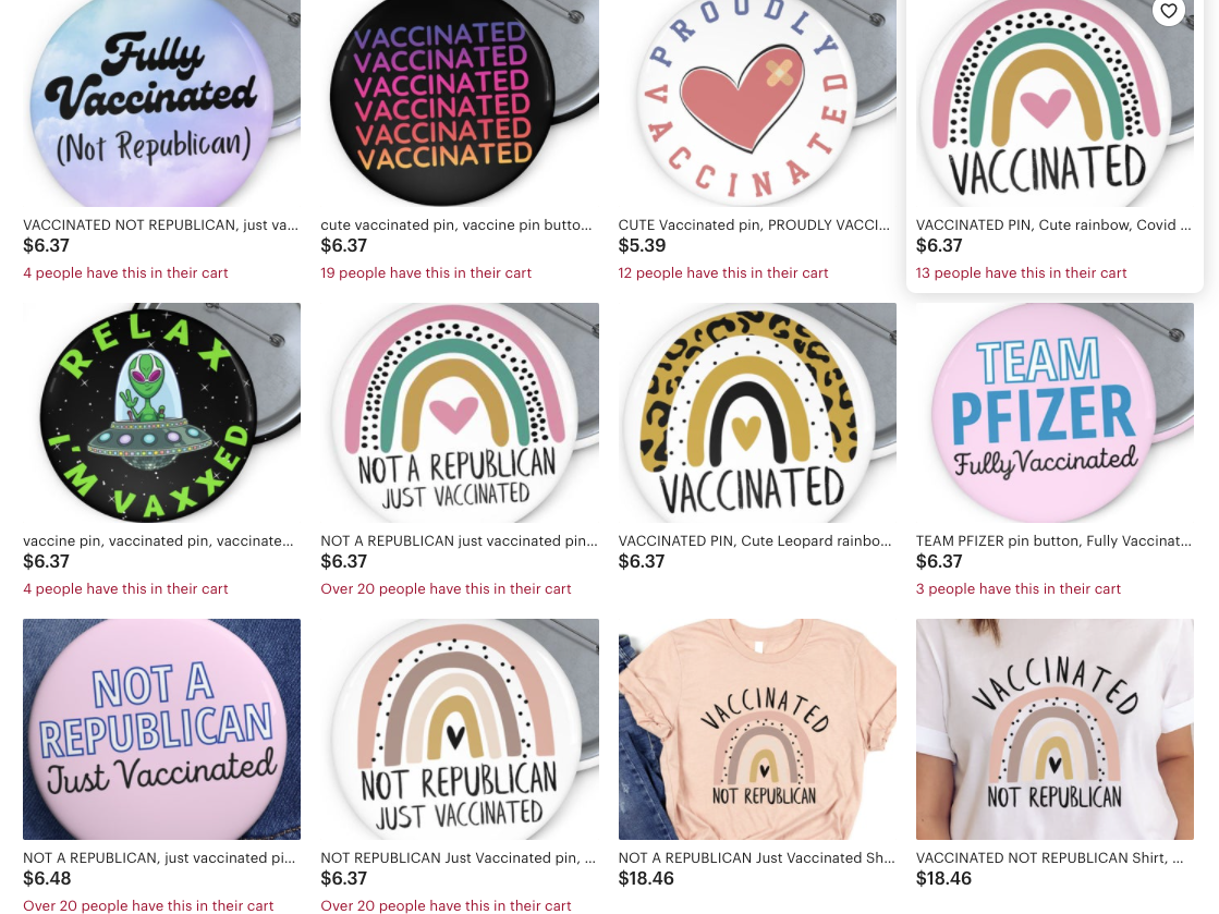 Screenshot of an Etsy store  listing pins that read "vaccinated" and "not a Republican, just vaccinated."