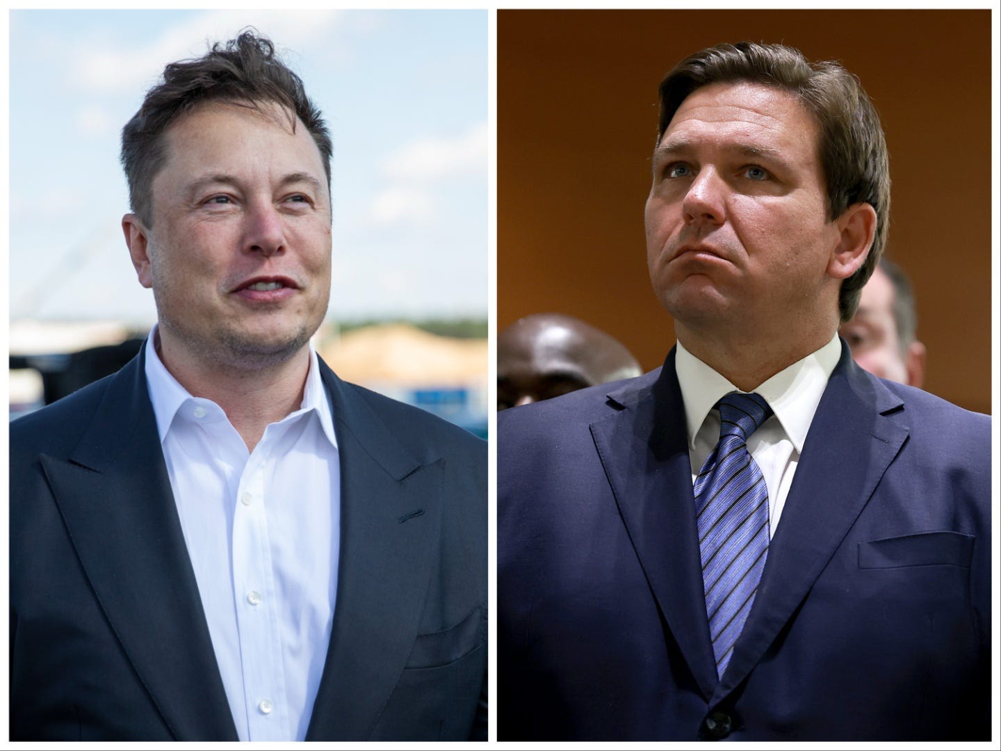 Elon Musk and Ron DeSantis both wear suits, Musk tieless, and look towards the center of the image.