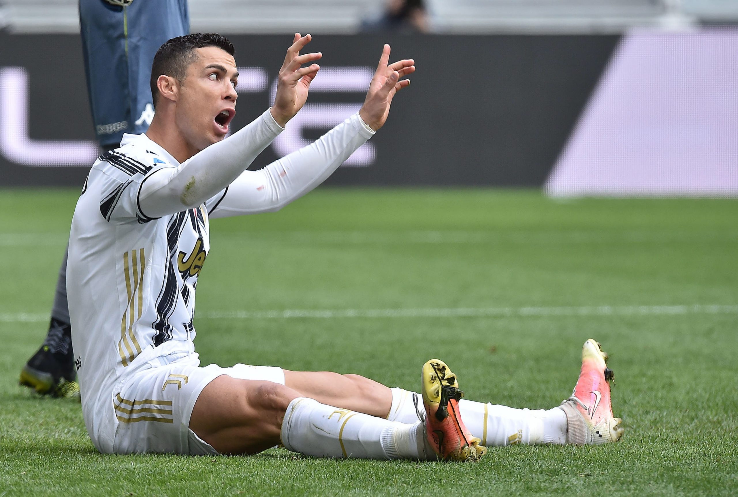 Juventus-speler Cristiano Ronaldo in de wedstrijd tegen Genua op 11 april 2021 in eigen stadion in Turijn. Foto: EPA/Alessandro di Marco