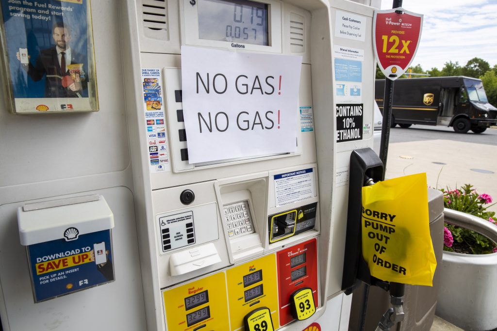 Een lege benzinepomp in Alexandria in de Amerikaanse staat Virginia.