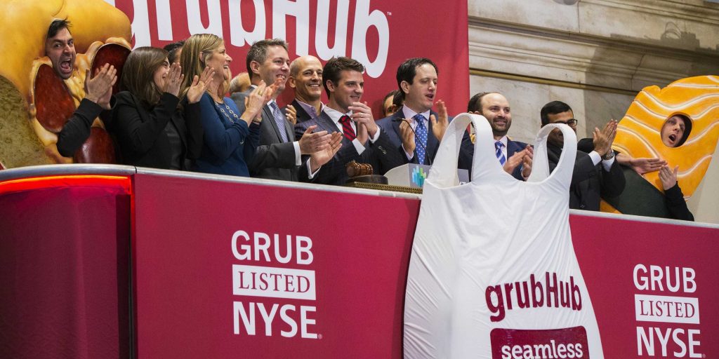 Grubhub-CEO Matt Maloney tijdens de beursgang in 2014.