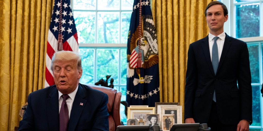 White House senior advisor Jared Kushner and President Donald Trump in the Oval Office on September 11, 2020.