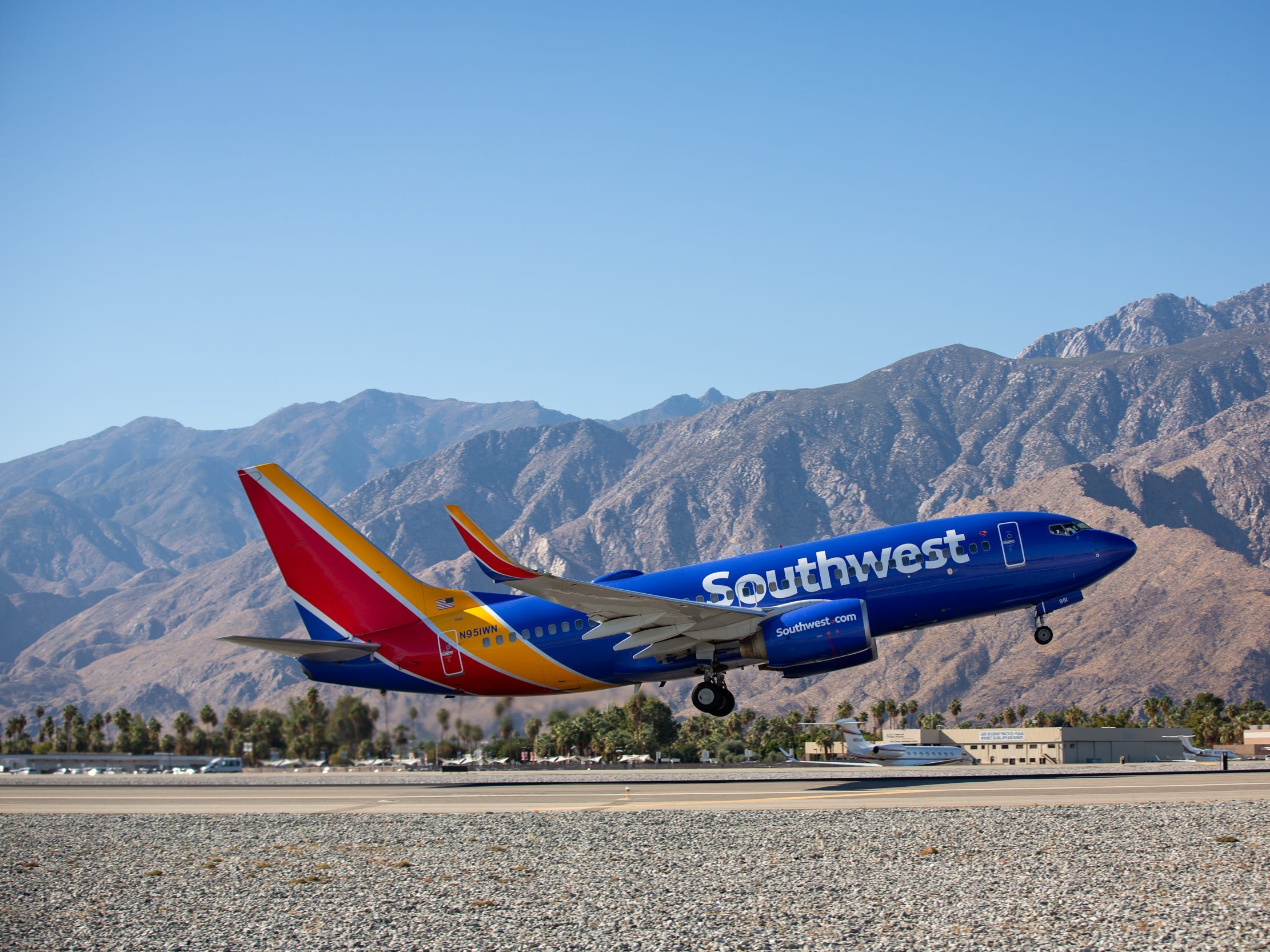 a Southwest Airlines plane takes off in Palm Springs