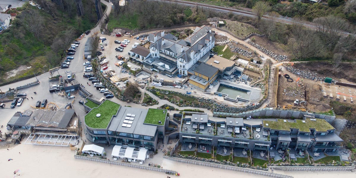 Aerial view of the G7 venue at Carbis Bay, Cornwall on April 17, 2021 in St Ivez, England. The June summit will be the first face-to-face meeting between G7 leaders since the covid-19 pandemic. G7 countries include the UK, US, Germany, France, Canada, Italy and Japan. (Photo by Matt Cardy/Getty Images)