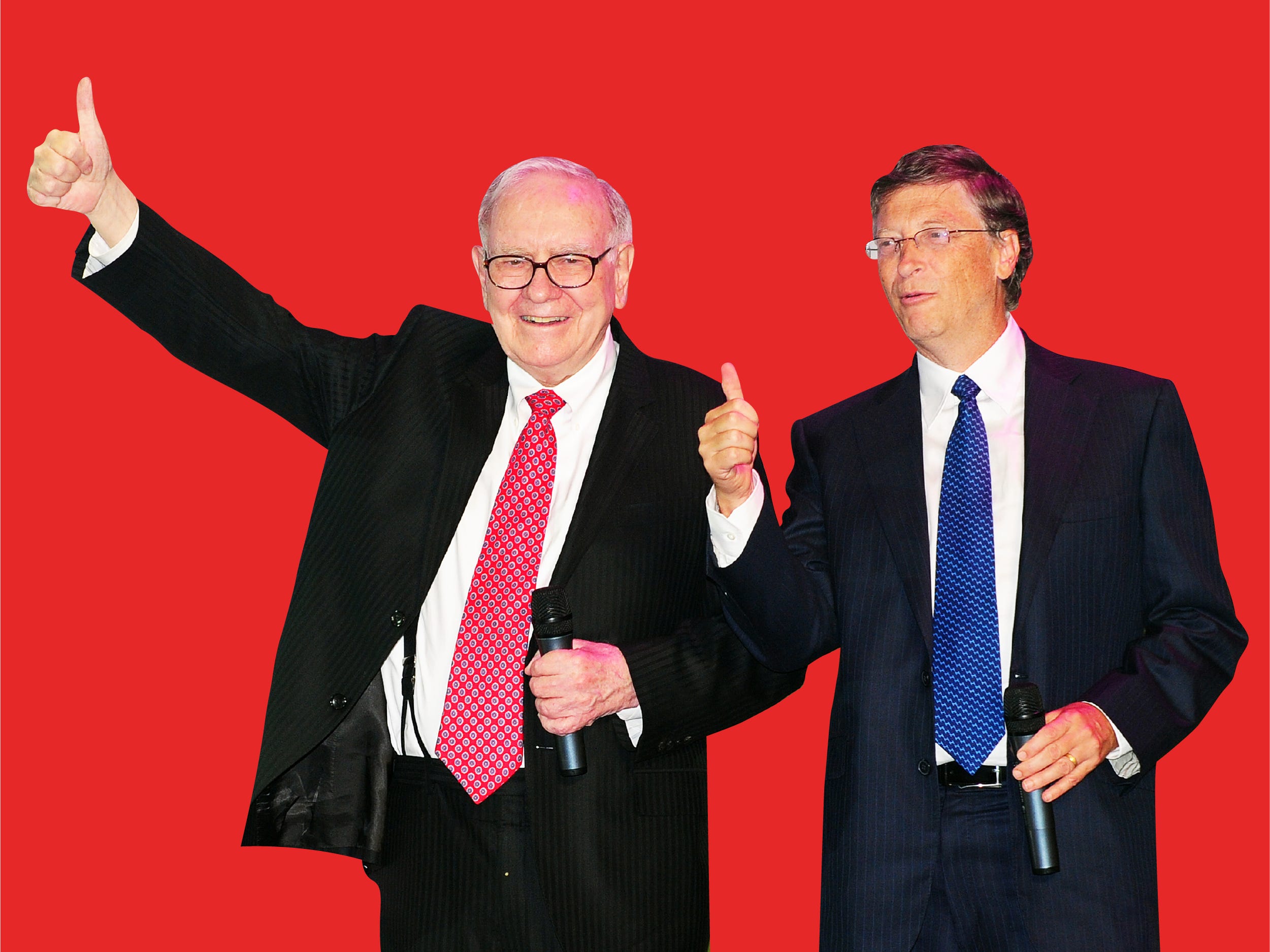Warren Buffett and Bill Gates on a red background with their thumbs up.