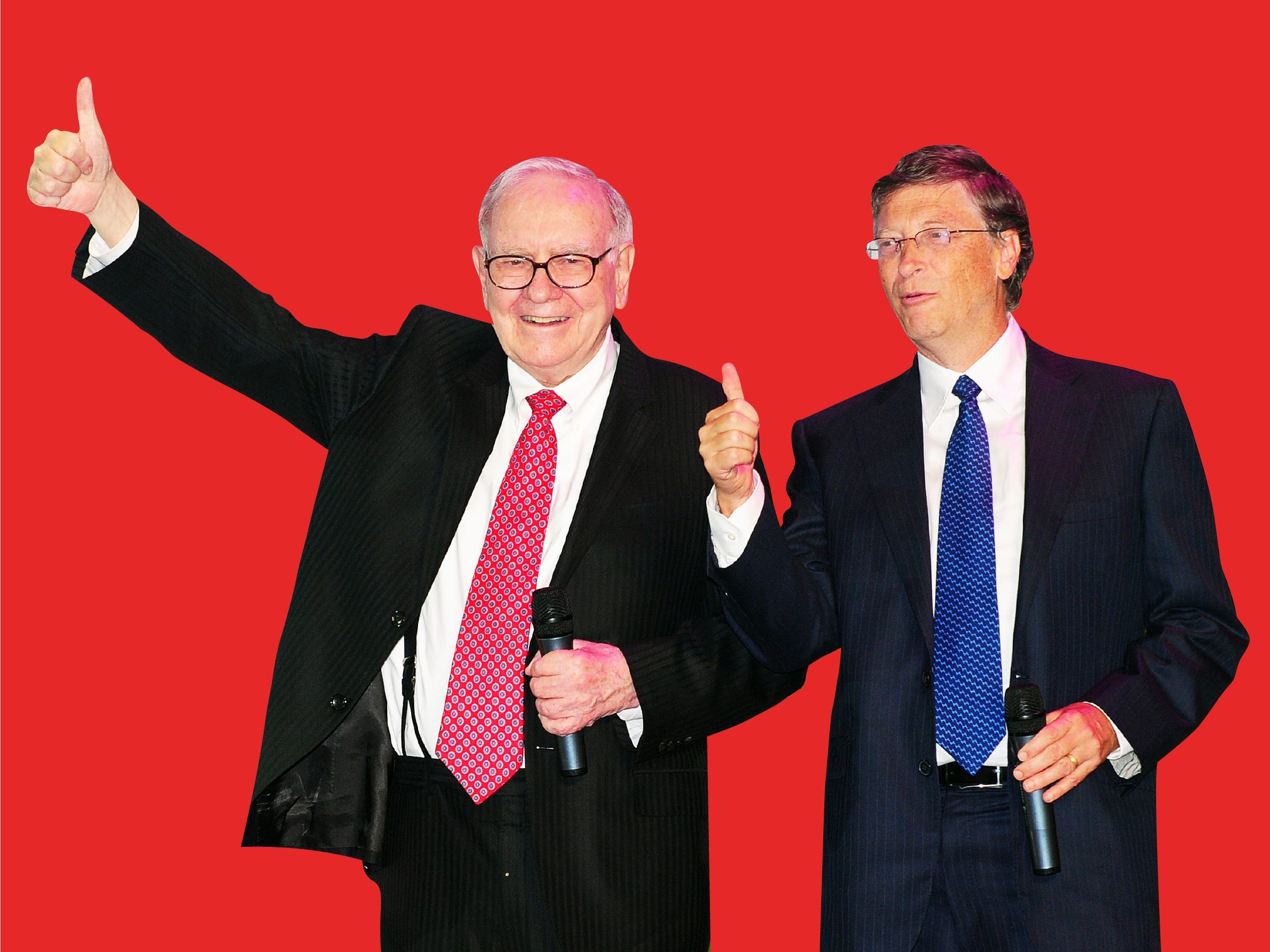 Warren Buffet and Bill Gates on a red background with their thumbs up