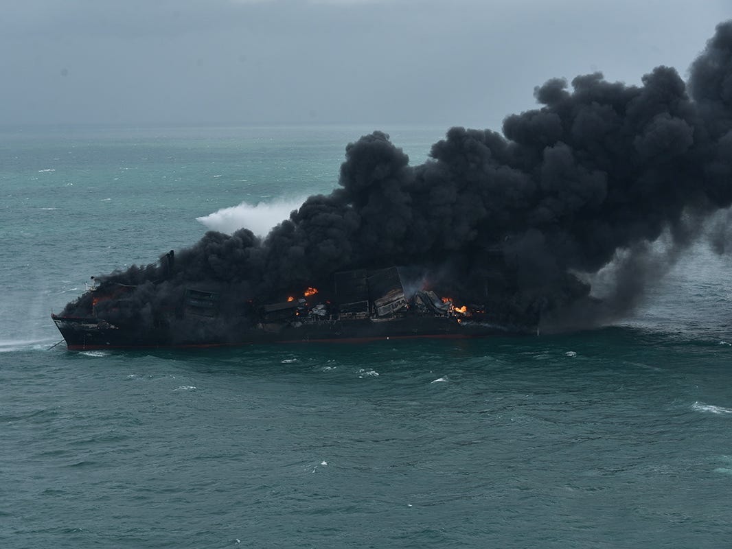 Smoke rises from a fire onboard the MV X-Press Pearl container in the seas off the Colombo Harbour, in Sri Lanka May 26, 2021.