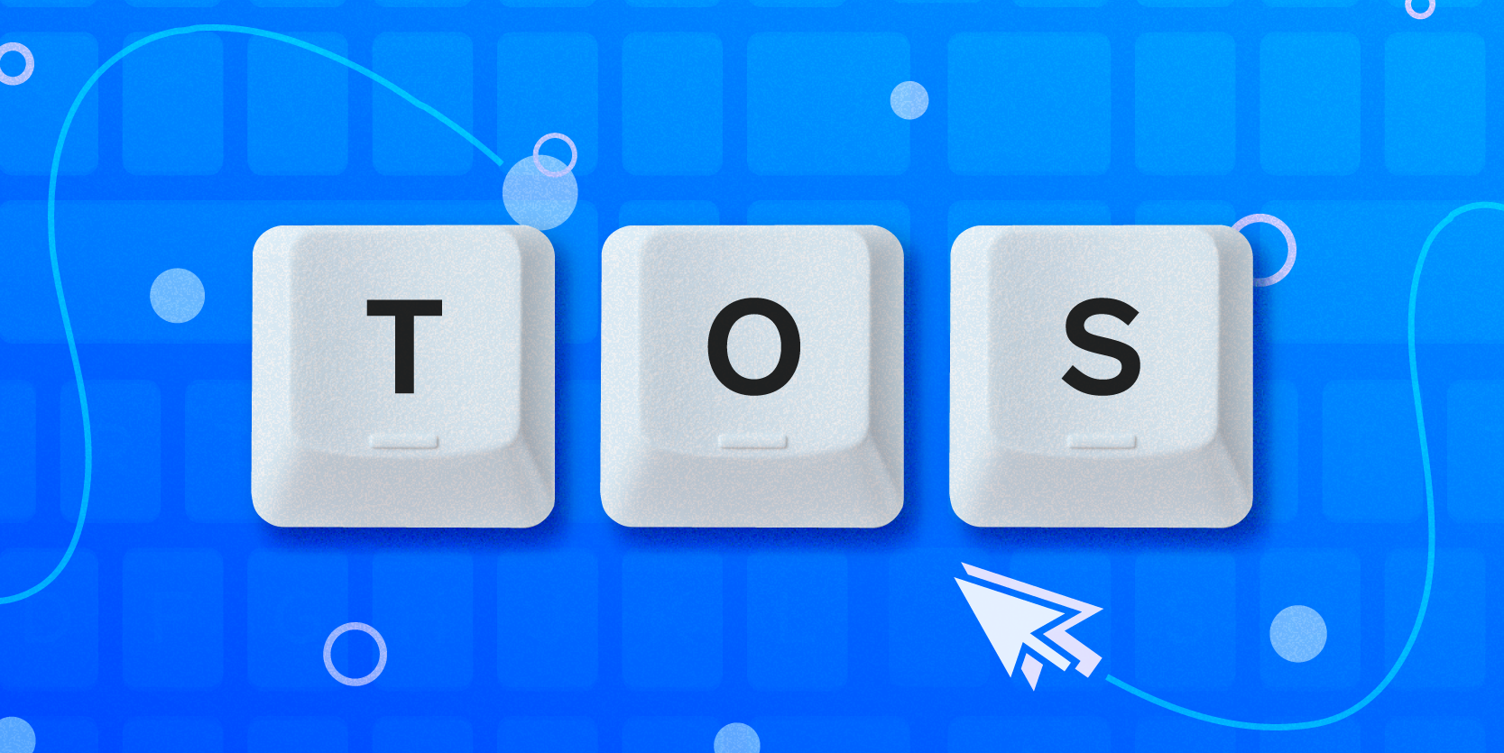 Internet acronym TOS on keyboard keys with blue background 2x1