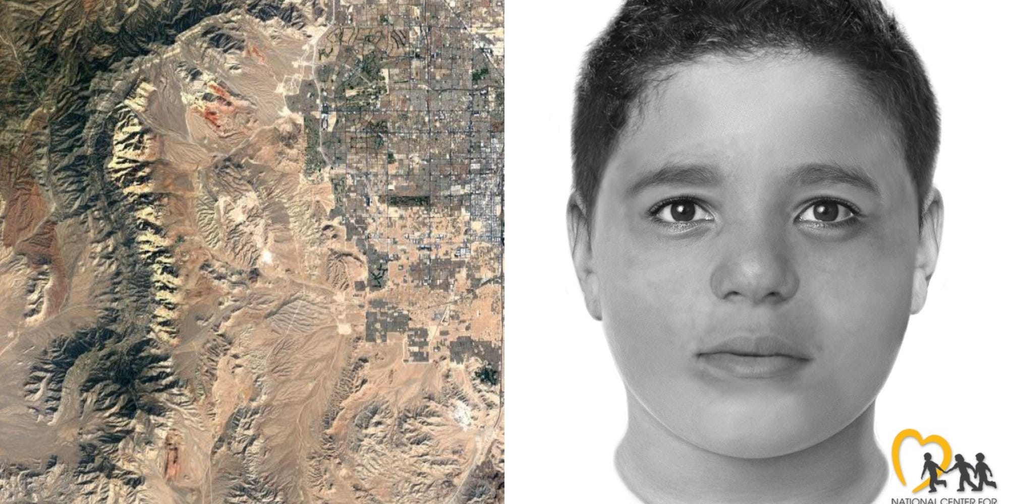 A composite image showing a Google Map of the area outside Las Vegas where the body was found, and the police's image of the boy.