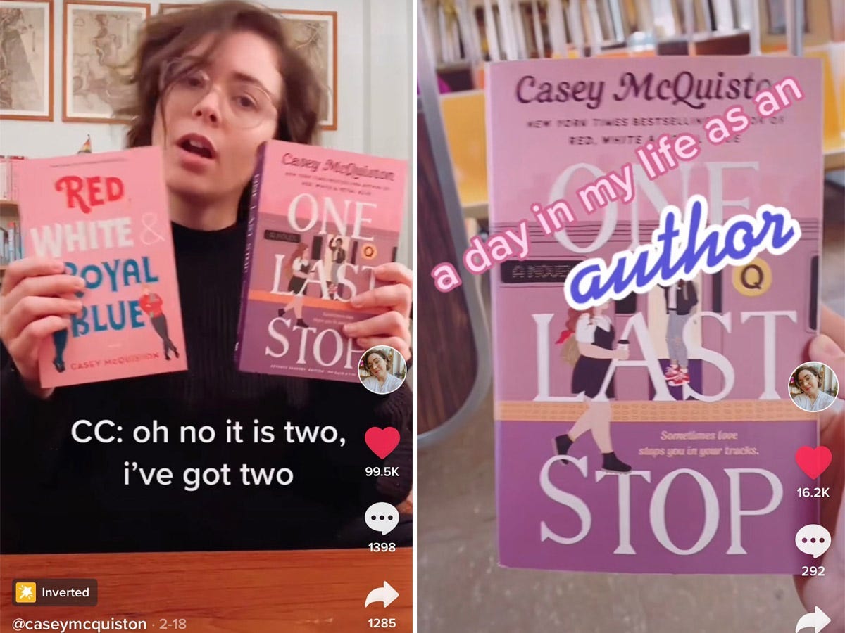 Two screenshots of Casey McQuiston's TikTok