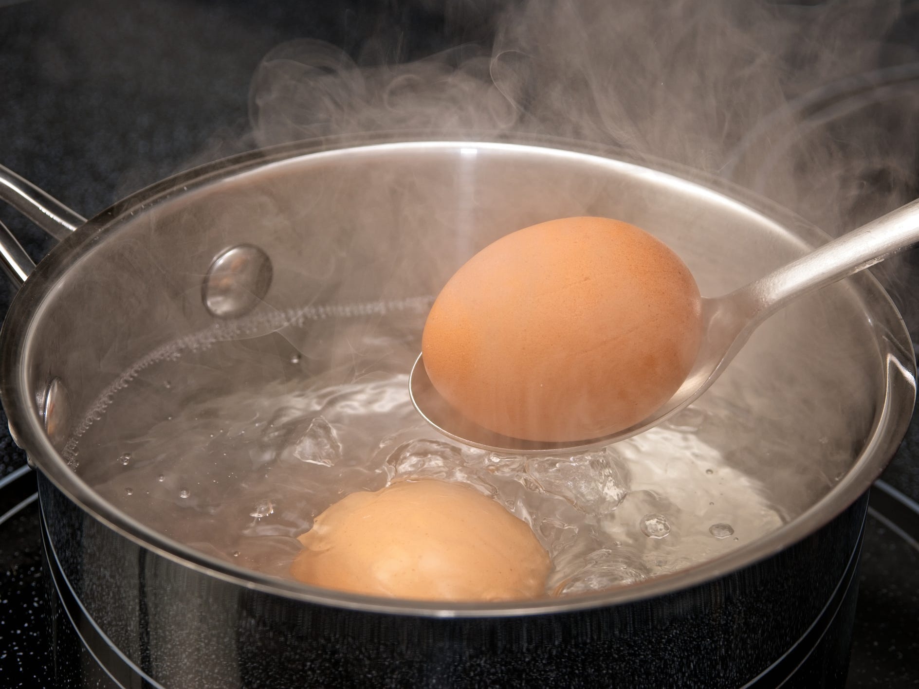 Lowering an egg into a pot of boiling water with a spoon